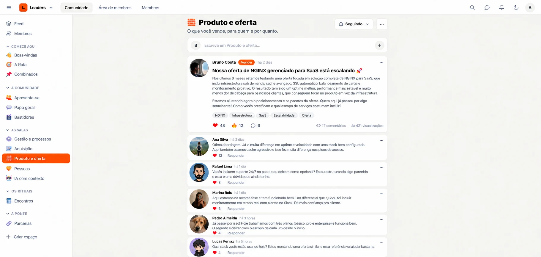 Comunidade da Leaders: os espaços de discussão e as publicações dos membros.