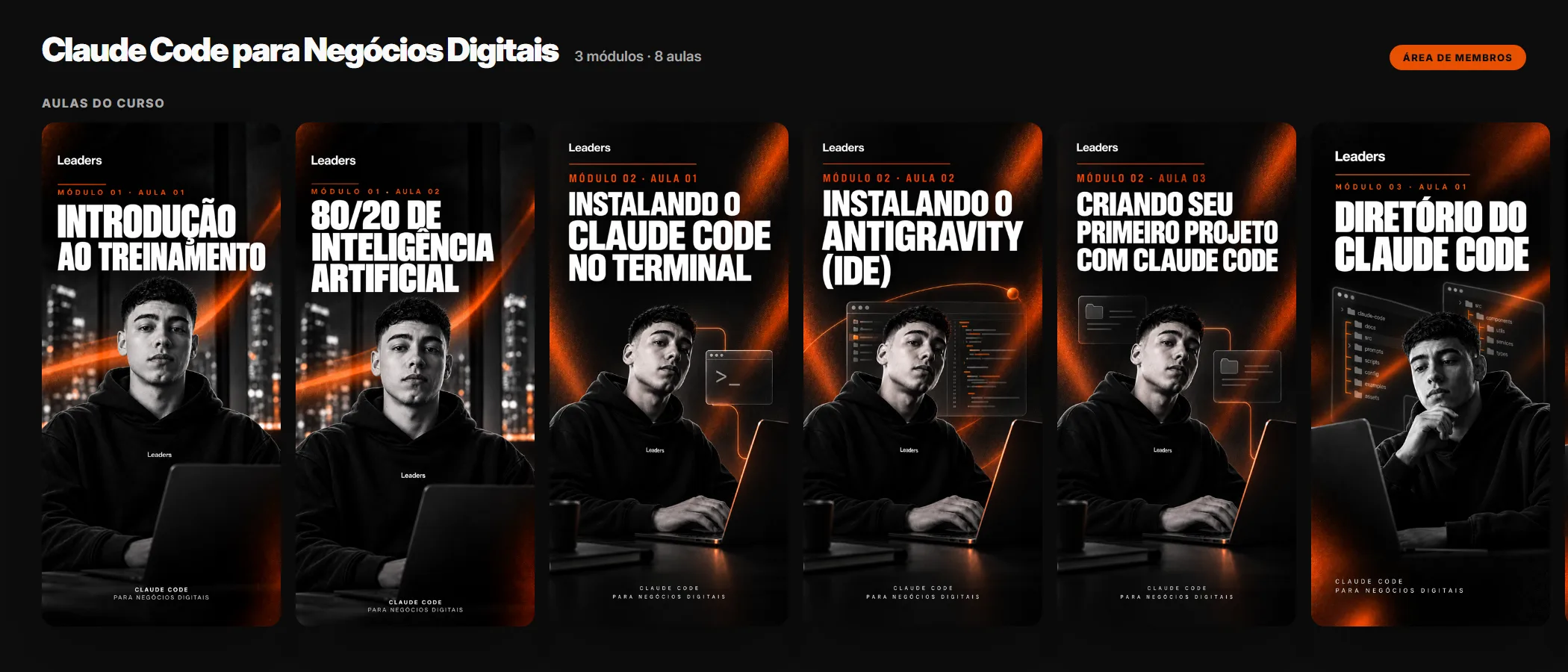 Área de membros da Leaders: fileira de pôsteres das aulas do curso Claude Code para Negócios Digitais.