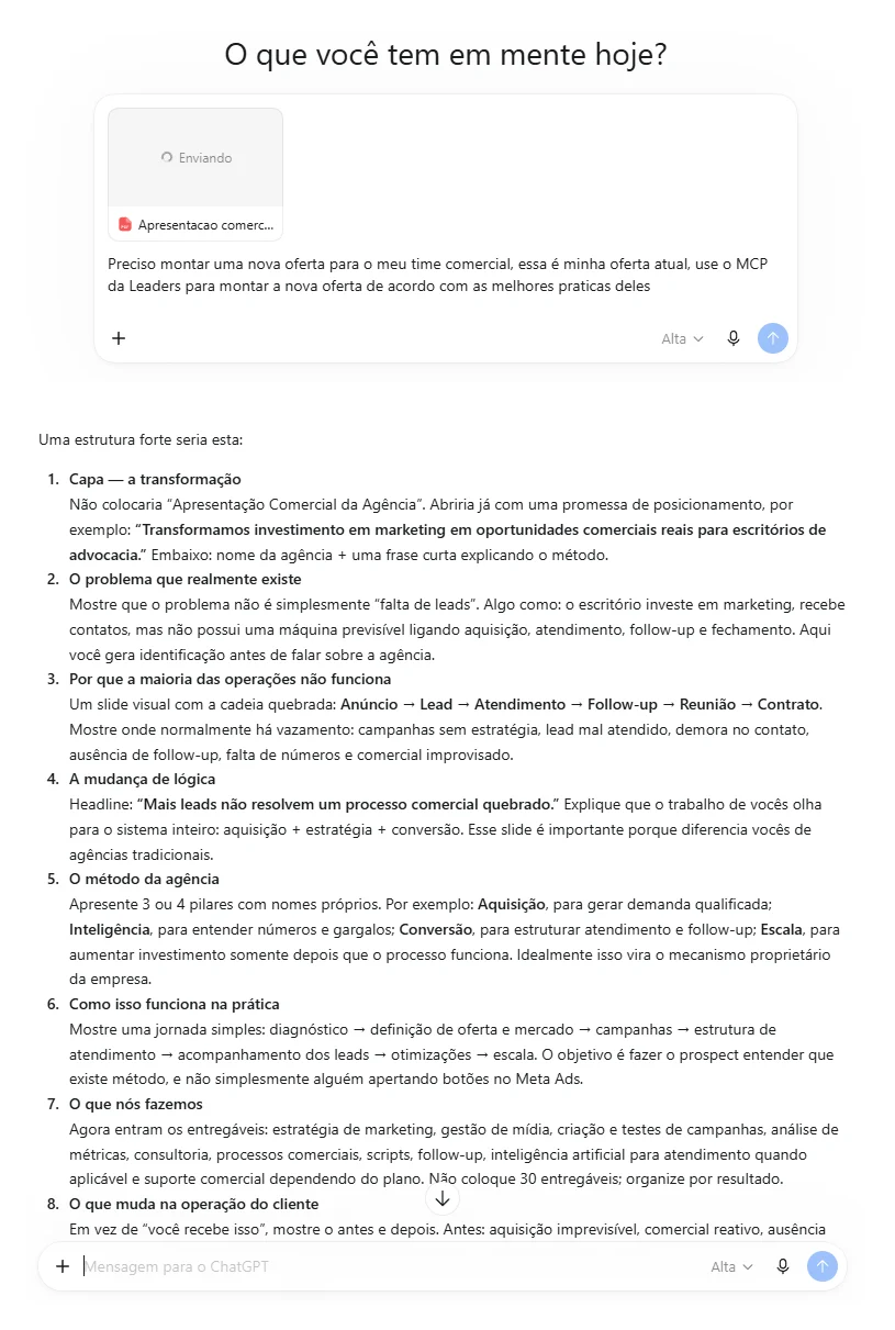 Conversa real no ChatGPT: o pedido é montar uma nova oferta para o time comercial usando o MCP da Leaders, e a resposta traz a estrutura completa, do posicionamento da capa ao que muda na operação do cliente.