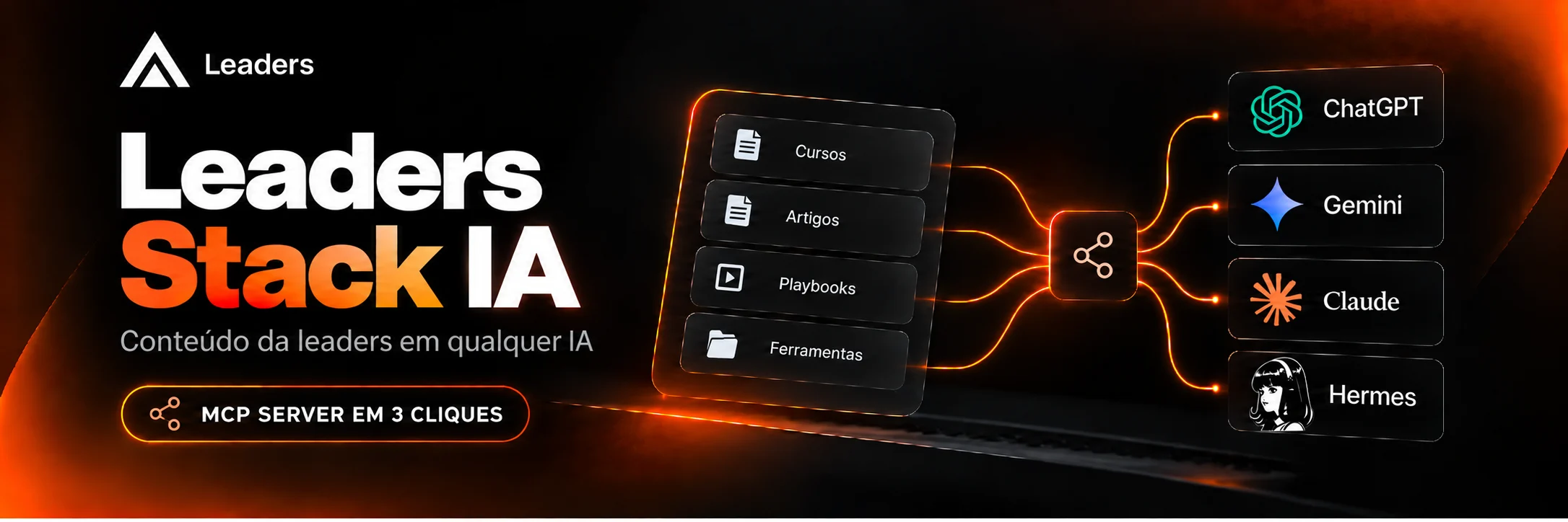 Leaders Stack IA: cursos, artigos, playbooks e ferramentas da Leaders conectados por um servidor MCP ao ChatGPT, Gemini, Claude e Hermes.